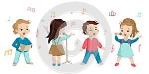 Children sing a song, a set of characters in a music lesson or choir. Vector illustration on white background