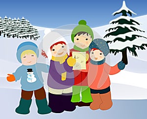 Children singing carols. Christmas illustration.