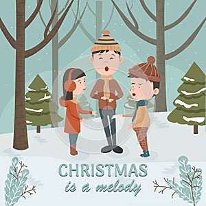 Children singing Christmas carols in forest landscape with trees and pine trees. Winter activities concept, clipart and design