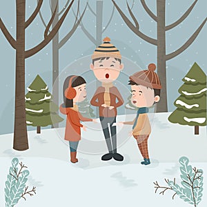 Children singing Christmas carols in forest landscape with trees and pine trees. Winter activities concept, clipart and design