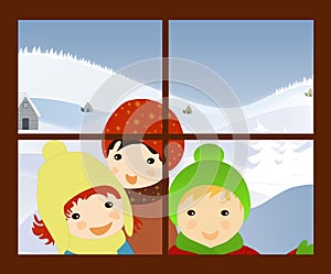 Children singing Christmas carols at window