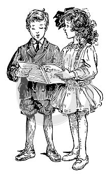 Children Singing & Holding Chorus Book, vintage illustration