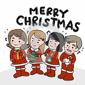 Children singing song Merry Christmas cartoon illustration