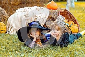 Children sister and brother with pumpkin dressed like skeleton and witch for Halloween party. Happy Halloween Children