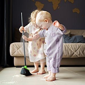 Children sister and brother sweeping floor with broom at home