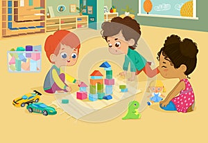 Children sit in circle and play with toys in the kindergarten classroom, play with wooden toy blocks, cars, doll and