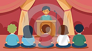 Children sit crosslegged on the ground in front of the stage listening intently to the speeches being delivered in the photo