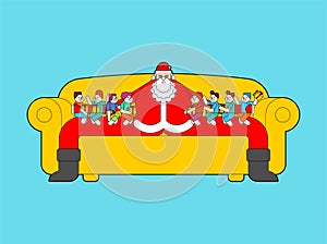 Children sit on santa claus. Giving Christmas gift. Funny babies. Xmas and New Year vector illustration