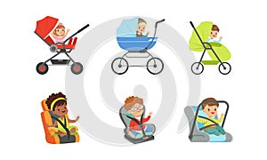 Children Sitting in Baby Carriages and Booster Chairs Waving Hands Vector Illustrations Set