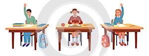 Children sitting by desks at lesson. Children at school raising hands. Cartoon character in flat style