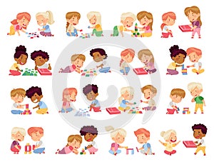 Children Sitting on the Floor in Nursery Playing Toy Blocks and Jigsaw Puzle Big Vector Set photo