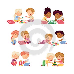 Children Sitting on the Floor in Nursery Playing Toy Blocks and Jigsaw Puzzle Vector Set