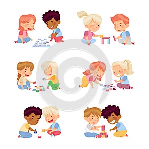 Children Sitting on the Floor in Nursery Playing Toy Blocks and Jigsaw Puzzle Vector Set