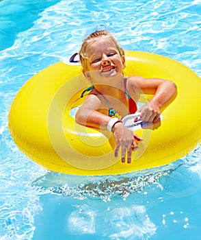 Children sitting on inflatable ring.