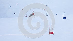 Children ski racing on a slalom track.