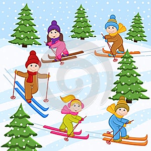 Children skiing on snow mountain