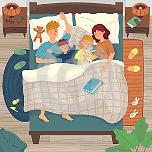 Children sleep in parents bed. Co-sleeping with child. Dad, mom and kids sleep together, asleep young boy and girl vector