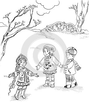 Graphic drawing of little girl and boy with fairy tale princess in snowy forest