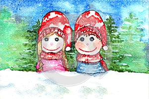 Children Snow Watercolor