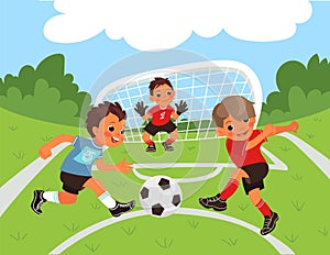 Children soccer. Boys play sport competitive game on park. Goalkeeper and little football players. Kids running outdoor