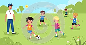 Children soccer. Kids play football in park, boys sport team workout with coach, goalkeeper on gate, young athletes