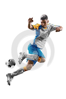 children soccer player in action isolated white background