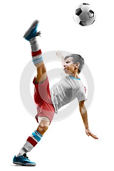 children soccer player in action isolated white background