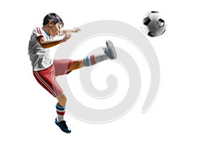 children soccer player in action isolated white background