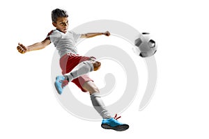 children soccer player in action isolated white background