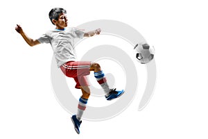 children soccer player in action isolated white background