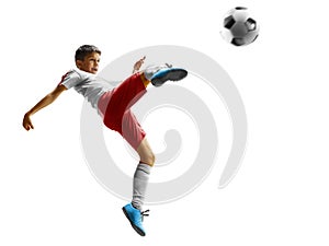 children soccer player in action isolated white background