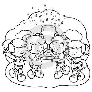 Children soccer players hold a trophy at football field. Kids athletes sports team win the game. Vector coloring page.