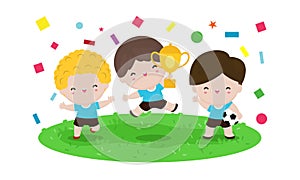 Children soccer team hold gold cup. Funny cartoon character Isolated on white background  Vector illustration.
