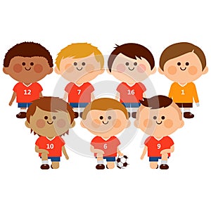 Children soccer team with soccer uniforms. Vector illustration