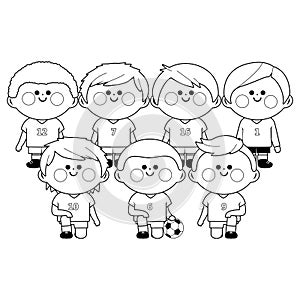 Children soccer team. Vector black and white coloring page