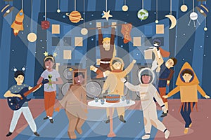 Children space disco. Playing astronauts. Vector illustration
