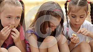 Children spend time on the lawn in the park, eat apples. One child was upset and offended