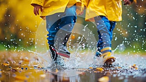 Children Splashing in Puddles on Rainy Day. Generative ai