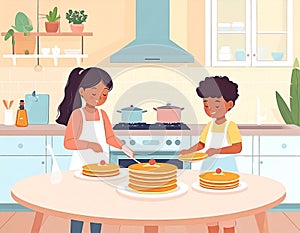Children stack pancakes in bright kitchen