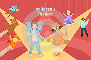 Children on stage, children theater. Dolls and puppets. Vector illustration