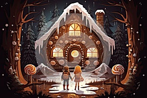 children stand in front of a gingerbread house in the forest AI generated