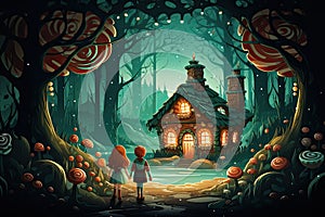 children stand in front of a gingerbread house in the forest AI generated