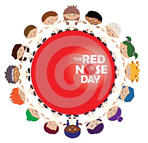 Children standing in circle around Red Nose Day sign