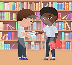 Children standing in library or bookstore together, kids study, learning difficulties