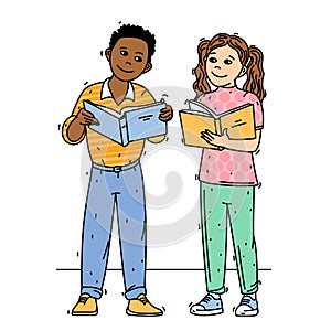 Children standing together reading books