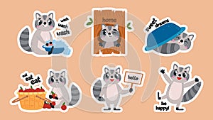 Children stickers pack with cartoon funny raccoon. Cute raccoons wash, eat apples, sleep and happy. Kids mascots