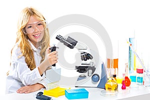 Children student girl in kid chemical laboratory