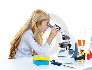 Children student girl in kid chemical laboratory