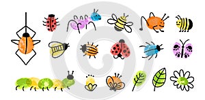 Children style fingerprint art insects. Decorative paint childish graphic, kids drawing spider, bugs, bee. Nursery game