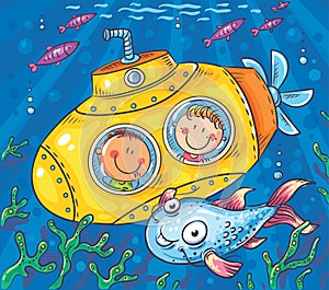 Children in a submarine explore the underwater world